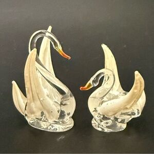Vintage Handblown Miniature Mom and Baby Swan Art Glass Mini Figurines